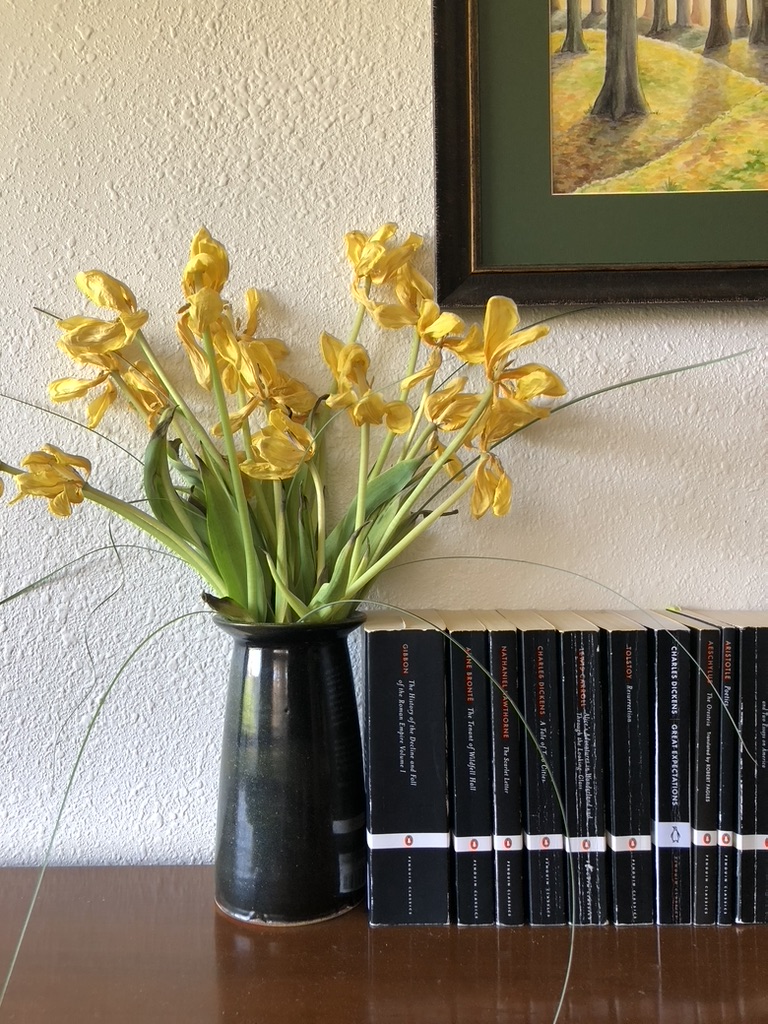 A spray of nearly-spent tulips next to a row of paperback books. On the wall above is the corner of a framed watercolor painting.